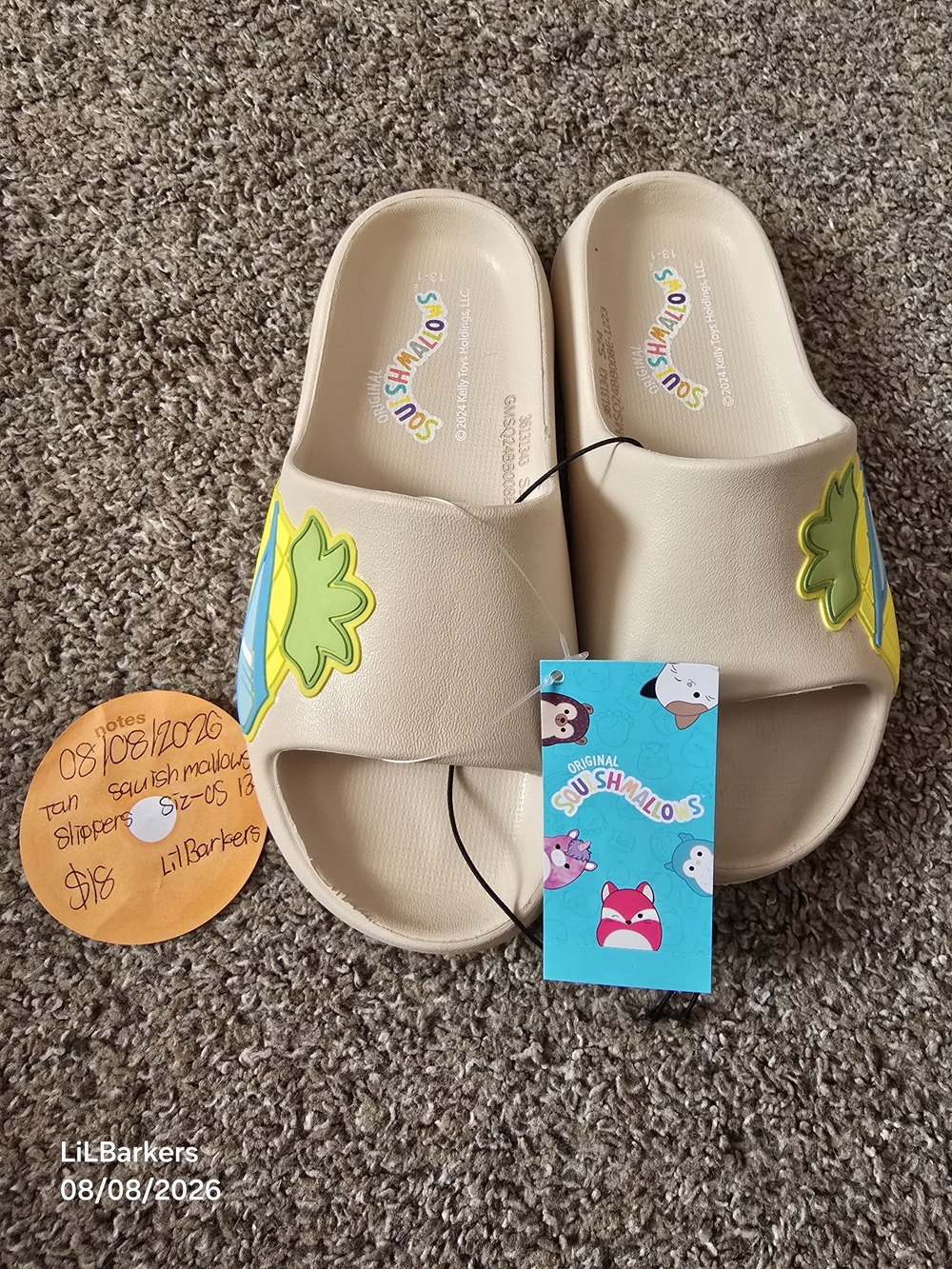 Squishmallows Tan Slide Sandals with Yellow-Green Fruit Accents